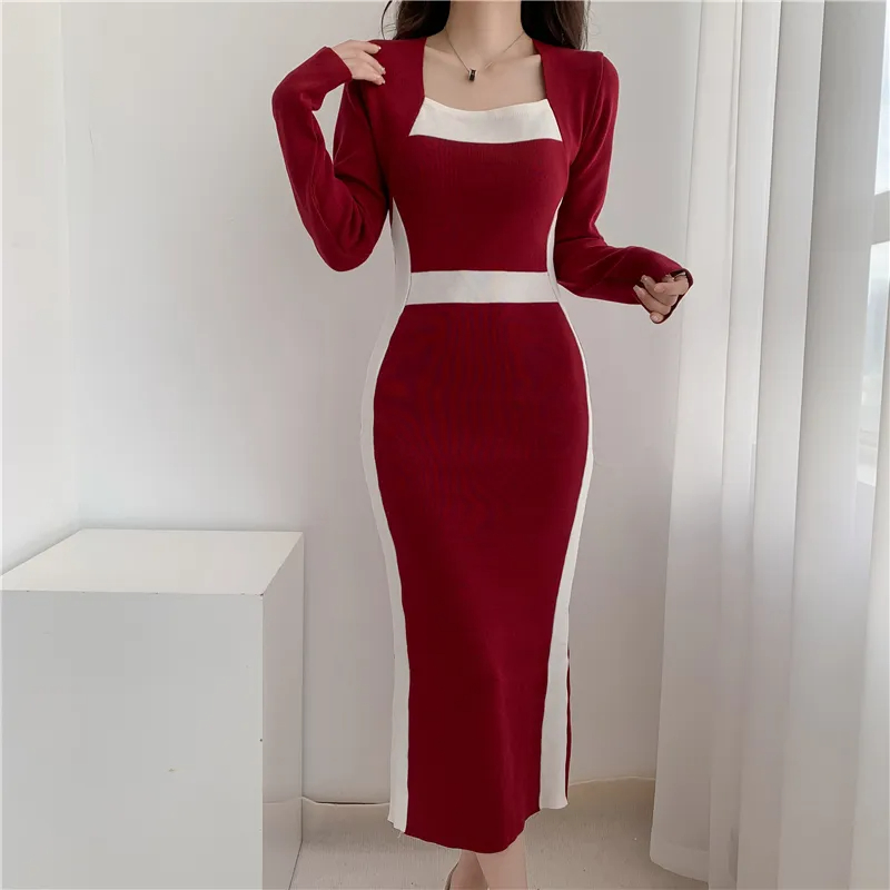 Basic Casual Dresses New Autumn Winter French Long Sleeve Black White Color Matching Sweater Dress Women Slim Waist Celebrity Knit Long Dress 2024