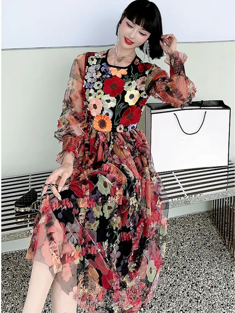 Basic Casual Dresses High Quality Light Luxury Round Neck Colorful Three Dimensional Embroidery Mesh Dreess For Women Long Sleeve Printed Long Dress 2024
