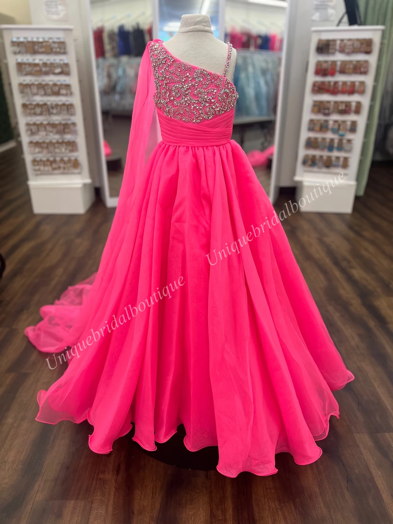 One-Shoulder Ballgown Girl Pageant Dress 2024 with Cape Crystals Little Kid Birthday Formal Cocktail Party Gown Toddler Teens Tiny Young Junior Miss Jade Hot Pink Red