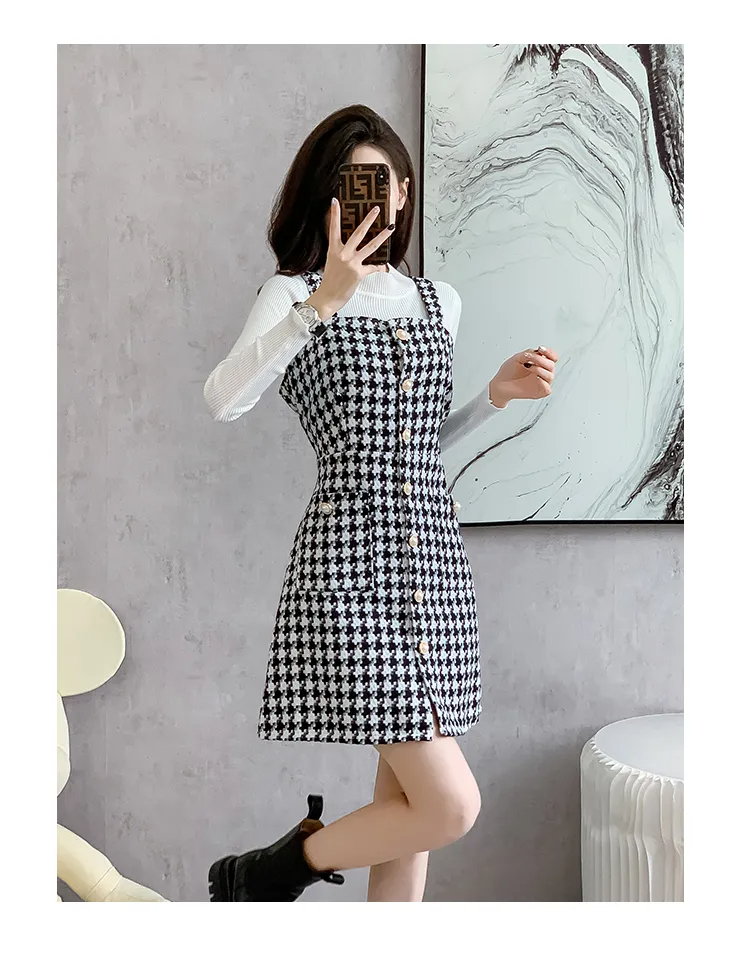 Vestido de duas peças novo outono inverno único breasted houndstooth cinta de espaguete vestido de duas peças conjunto feminino branco gola camisola conjuntos 2024