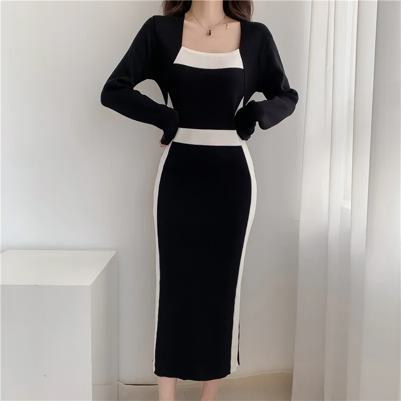 Basic Casual Dresses New Autumn Winter French Long Sleeve Black White Color Matching Sweater Dress Women Slim Waist Celebrity Knit Long Dress 2024