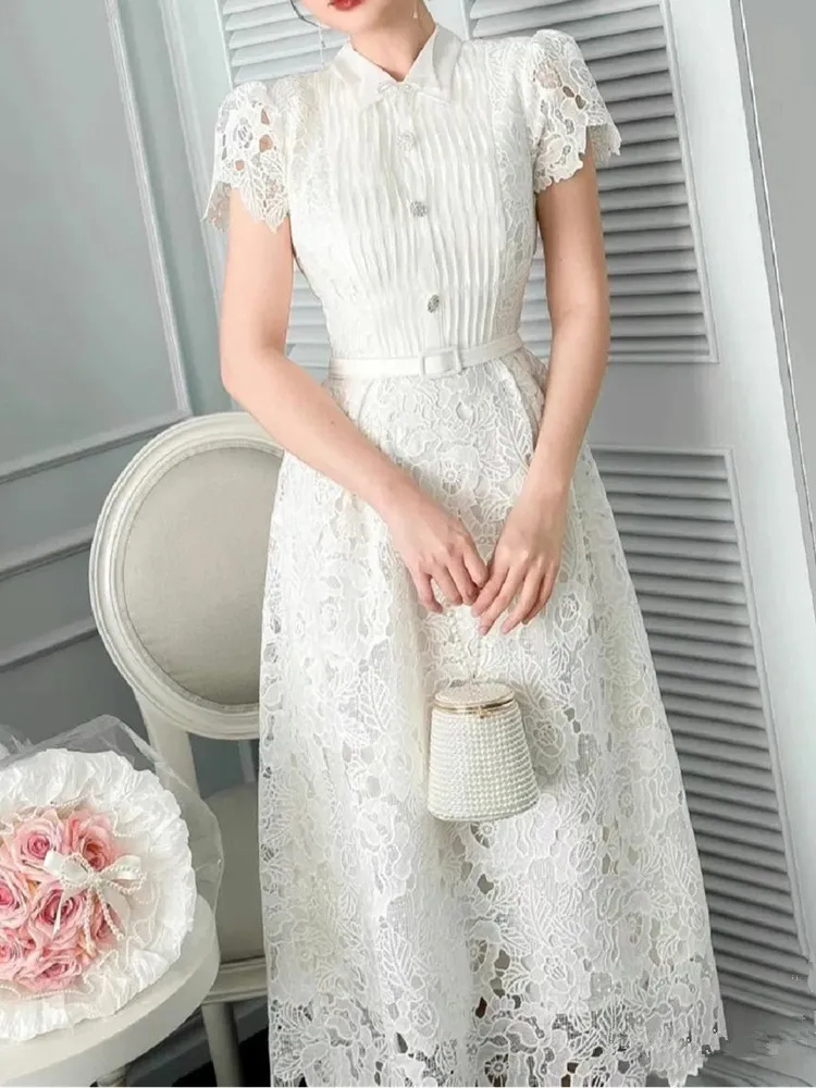 Grundlegende Freizeitkleider Neue Mode Elegantes Landebahn-Sommerkleid für Frauen Kurzarm Spitze aushöhlen Party Vintage Midi-Kleider Vestidos 2024