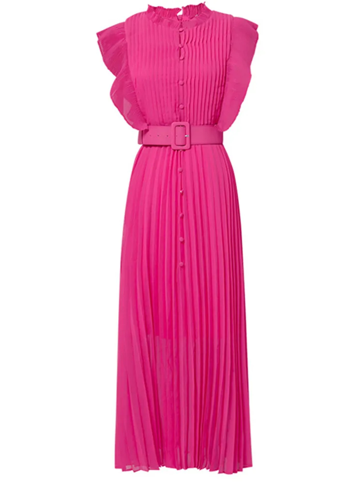 Grundlegende Freizeitkleider Sommer Damen Neues Temperament Französisch Rosa Kleid Frauen Ärmellos Schlanke Taille Chiffon Gefaltetes Langes Kleid Mit Gürtel Vestido 2024