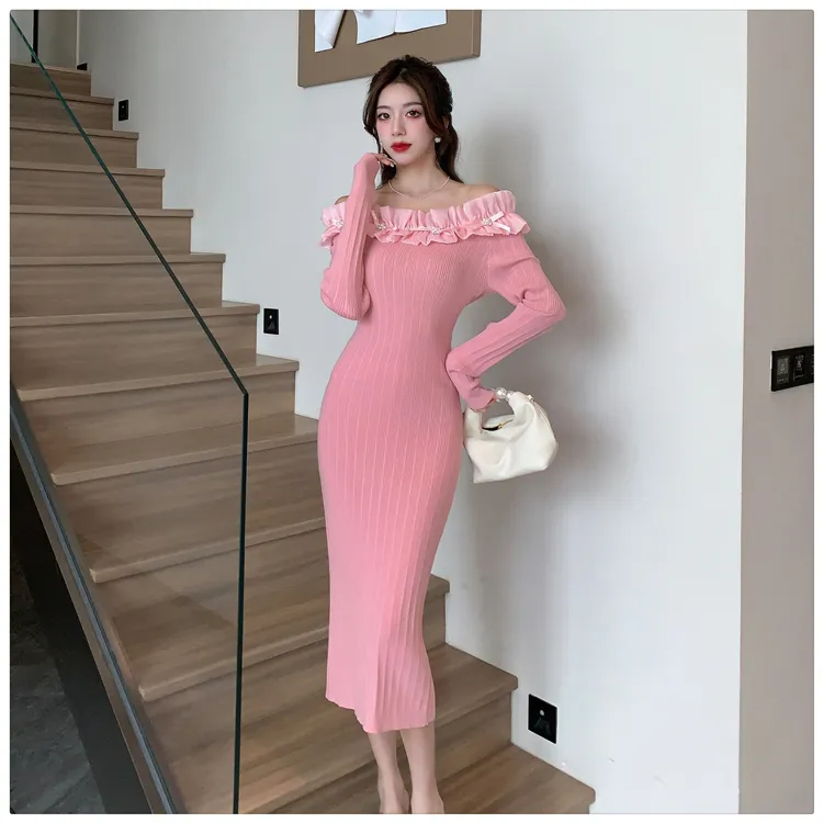 Basic Casual Dresses New Autumn Winter Sweet Ruffle Design Knitted DressWomen Beaded Sexy Off Shoulder Celebrity Style Slim Waist Sweater Dresses 2024