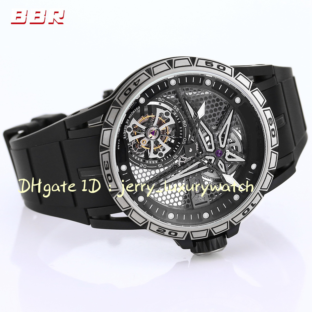 BBR RDDBEX0815 Relógio de luxo masculino com recorte completo Tourbillon 45 mm * 13,5 mm, movimento de corda manual RD505SQ, caixa de titânio pulseira de borracha natural preta