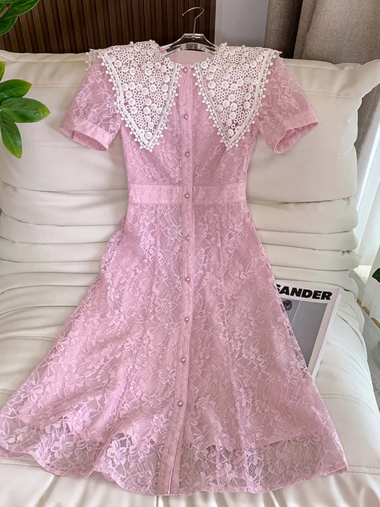 Basic Casual Dresses New Arrival French Light Luxury Temperament Pink Lace Hollow Out Summer Dress Women Beaded Collar Short Sleeve Dress 2024