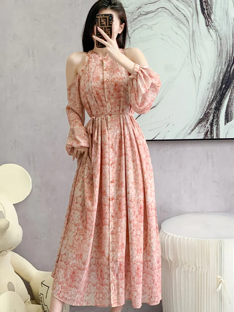 Basic Casual Dresses New Spring And Summer French Ink Print Dress Women's Bohemia Style Sweet Beach Vacation Sexy Off Shoulder Long Dress Robe 2024