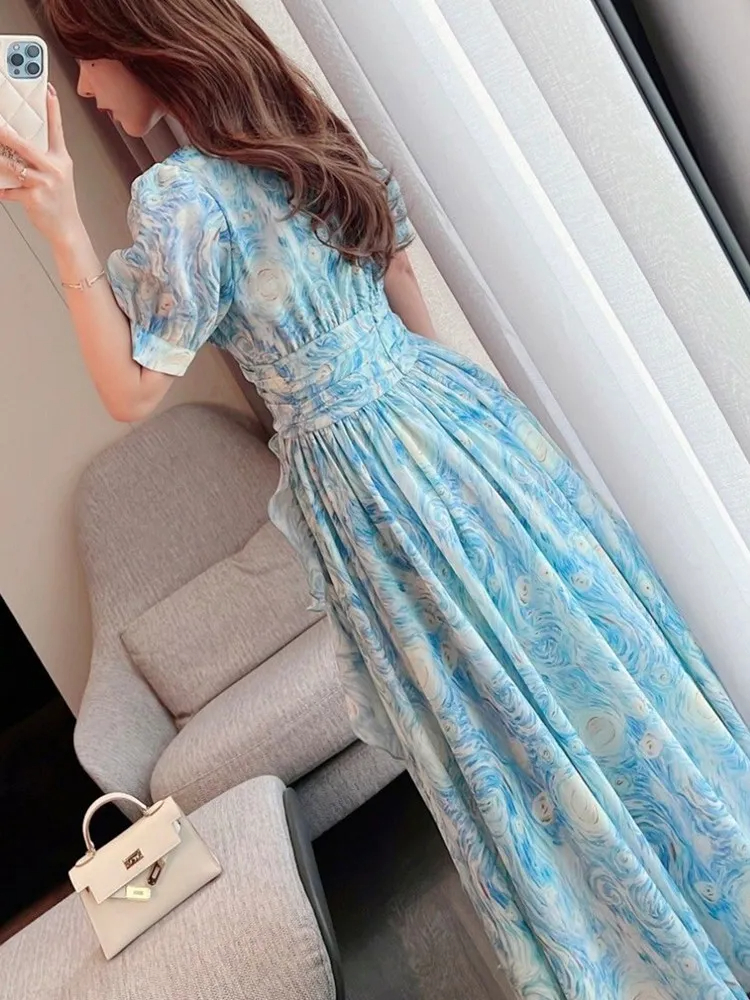 Grundlegende Freizeitkleider Neue Sommermode Druck Chiffon Langes Kleid Damen Luxus High-End V-Ausschnitt Puff Kurze Ärmel Kleider Weibliche Kleidung 2024