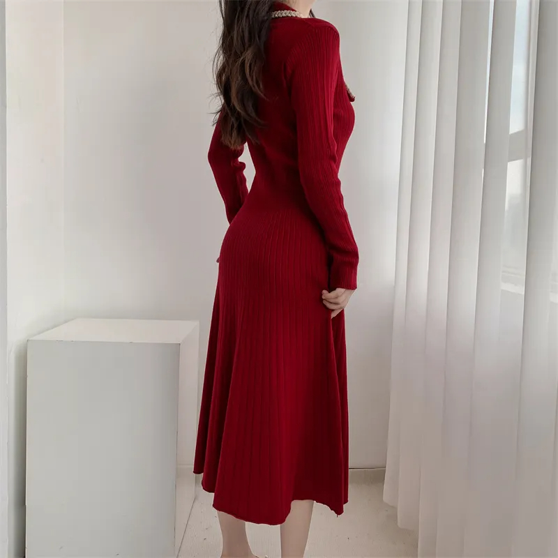 Basic Casual Dresses French Small Fragrant Style Long Sleeved Knitted Dress Women Autumn Winter Slim Temperament Mid-Length Christmas Sweater Dress 2024