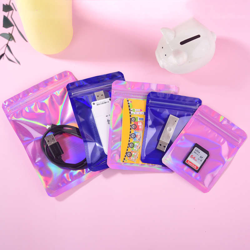 Pink Blue Laser Sealing Plastic Bags Resealable Zipper Packages Pouch For Earring jewelry Makeup Cosmetic Phone Electronic Accessories Retail Gift Packaging Case