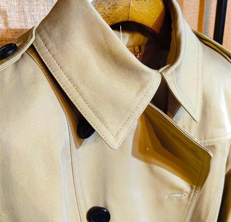 BU01 Trench Coat feminino clássico com lapela de comprimento médio elegante sobretudo trespassado jaqueta fina com cinto à prova de vento