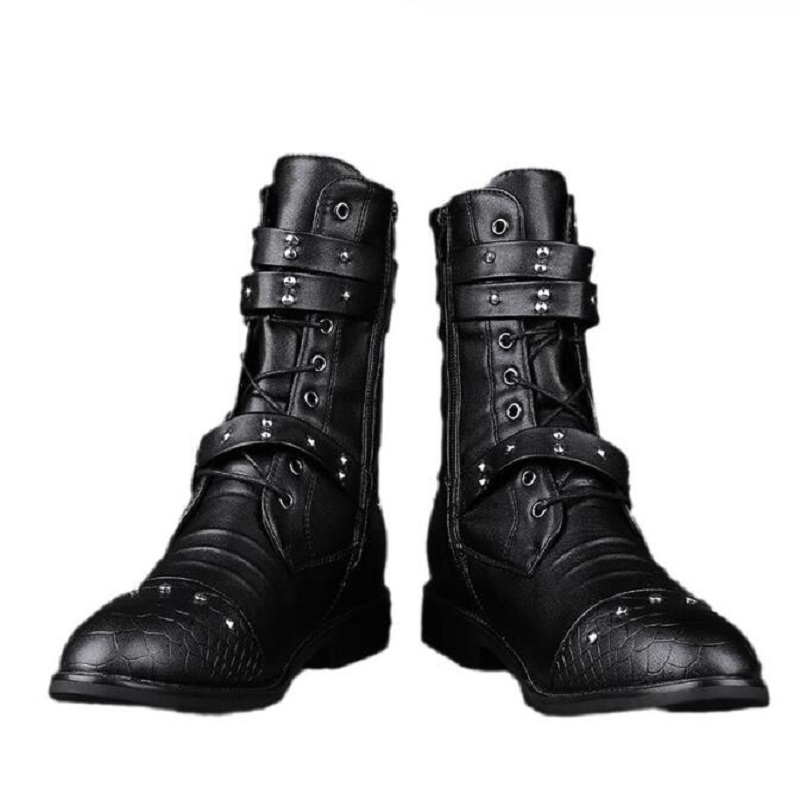 Yeni trend perçin siyah sivri motosiklet botları adam rahat deri yüksek botlar erkekler sonbahar kış ayakkabıları 10a3