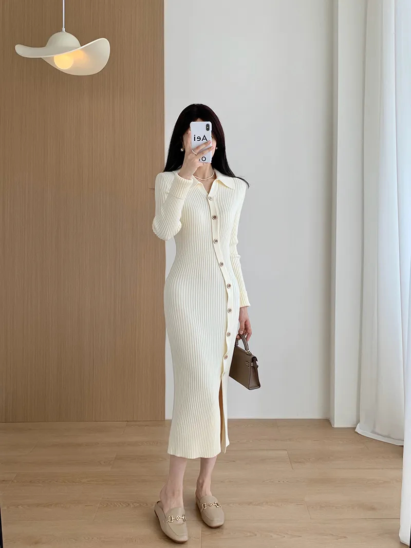 Basic Casual Dresses New Autumn Winter Slim Waist Lapel Irregular Button Knitted Dress Women Full Sleeve Solid Gentle Sweater Dresses Vestidos 2024