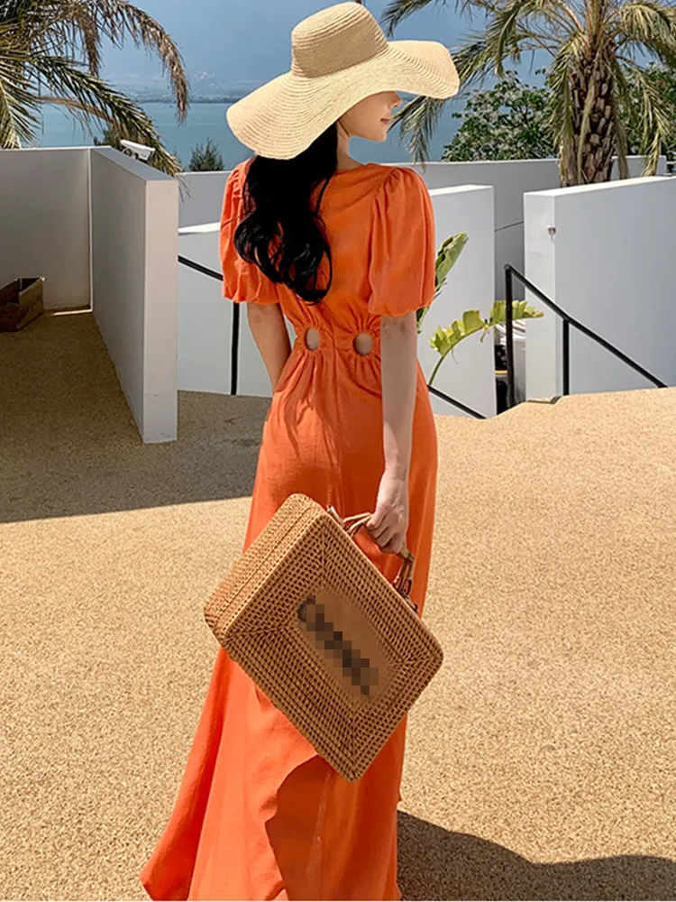 Basic Casual Dresses Orange Sexy V-Neck Long Dress For Women's Summer Puff Short Sleeve Hollow Out Waist High-End Vacation Dresses Robe 2024