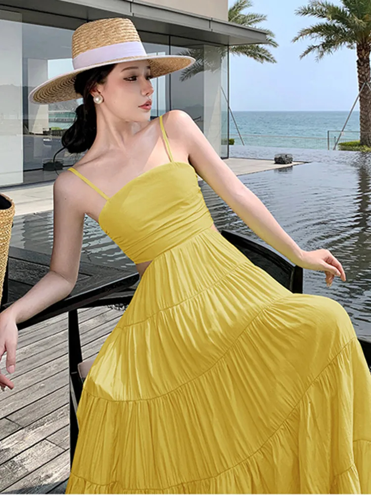 Basic Casual Dresses Ladies Sexy Spaghetti Strap Hollow Out Waist Long Dress For Women's Beach Vacation Solid Summer Dresses Robe Female Clothing 2024