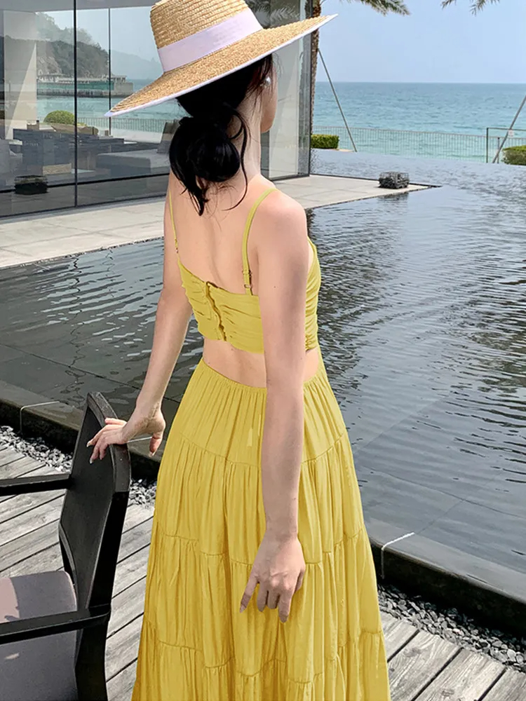Basic Casual Dresses Ladies Sexy Spaghetti Strap Hollow Out Waist Long Dress For Women's Beach Vacation Solid Summer Dresses Robe Female Clothing 2024
