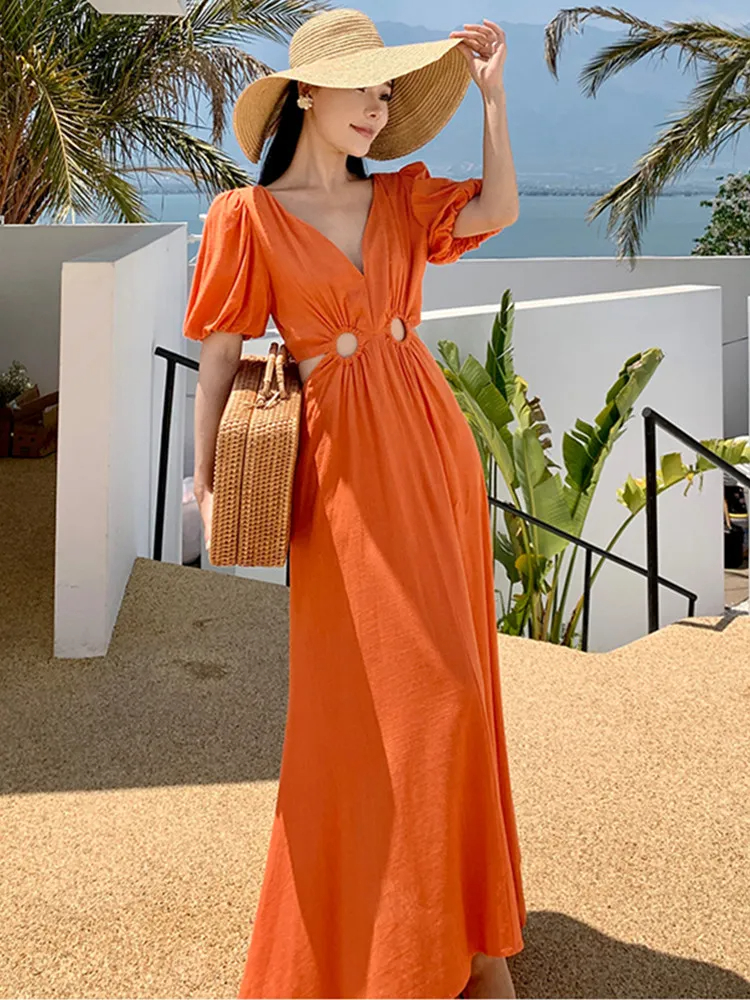 Basic Casual Dresses Orange Sexy V-Neck Long Dress For Women's Summer Puff Short Sleeve Hollow Out Waist High-End Vacation Dresses Robe 2024