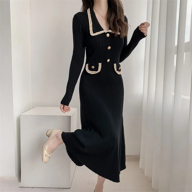 Basic Casual Dresses French Small Fragrant Style Long Sleeved Knitted Dress Women Autumn Winter Slim Temperament Mid-Length Christmas Sweater Dress 2024