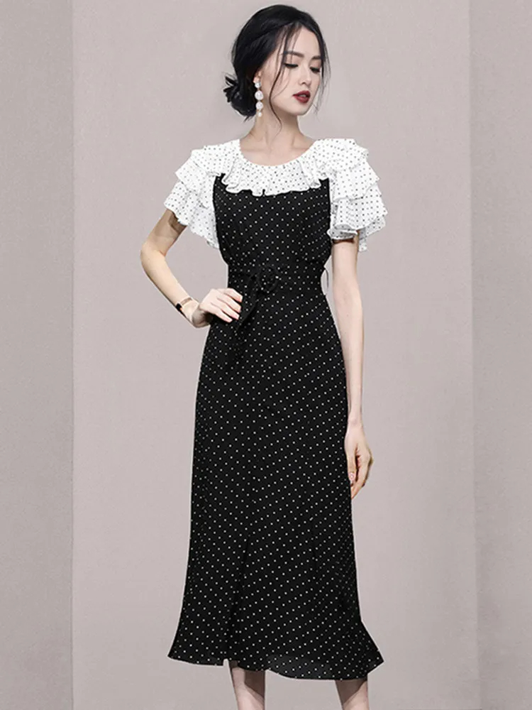 Basic Casual Dresses New Fashion Vintage O-Neck Ruffle Short Sleeve Summer Dress For Women Tie Up Dot Mermaid Dresses Vestidos Female Clothing 2024