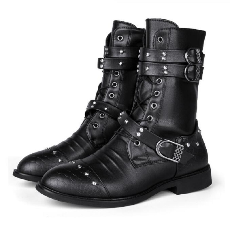 Yeni trend perçin siyah sivri motosiklet botları adam rahat deri yüksek botlar erkekler sonbahar kış ayakkabıları 10a3