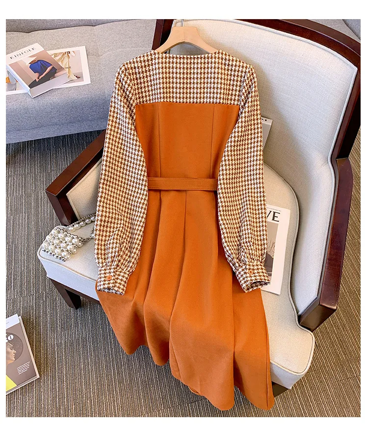 Basic Casual Dresses New Autumn High End French Small Fragrance Style Woolen Patchwork Dress Women Long Sleeve Houndstooth Fake 2024