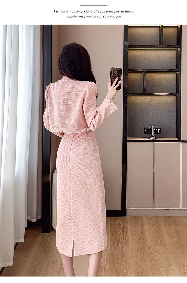 Vestido de duas peças high-end novo outono inverno francês pequena fragrância estilo tweed duas peças conjunto feminino luxo rosa lã saia longa conjuntos 2024