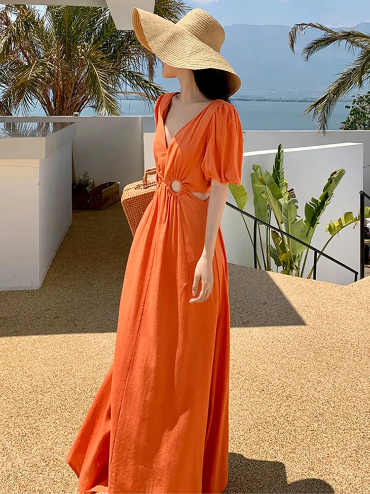 Basic Casual Dresses Orange Sexy V-Neck Long Dress For Women's Summer Puff Short Sleeve Hollow Out Waist High-End Vacation Dresses Robe 2024