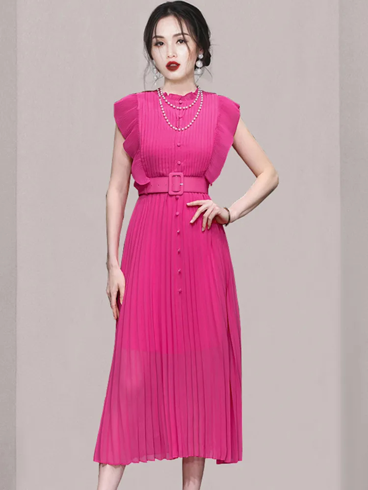 Grundlegende Freizeitkleider Sommer Damen Neues Temperament Französisch Rosa Kleid Frauen Ärmellos Schlanke Taille Chiffon Gefaltetes Langes Kleid Mit Gürtel Vestido 2024