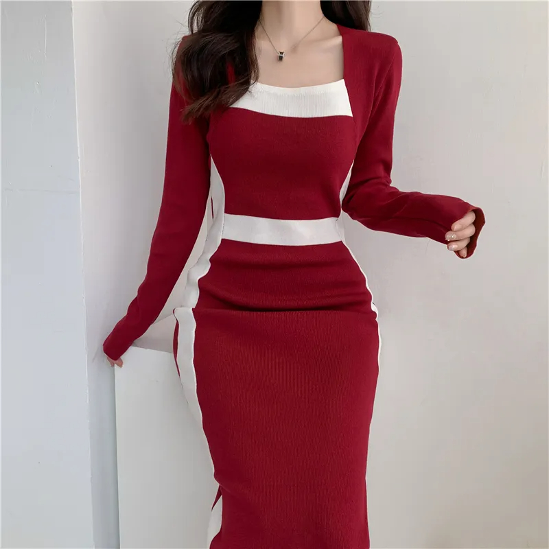 Basic Casual Dresses New Autumn Winter French Long Sleeve Black White Color Matching Sweater Dress Women Slim Waist Celebrity Knit Long Dress 2024