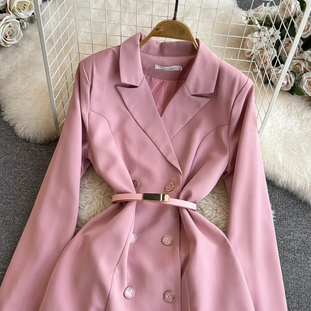 Robes Designer de mode Double boutonnage Blazer Robe Femmes Crantées À Manches Longues Chic Slim Rose Mini Court Casual Robes Robes 2024