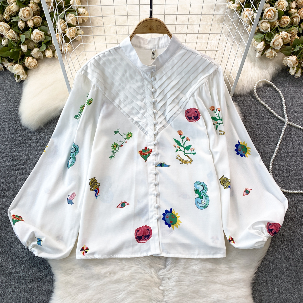 Tvådelad klänning Autumn Runway Fashion Shorts Passar kvinnor Stand Collar Puff Sleeve Floral Print Blue Shirts Vintage Shorts Set 2024