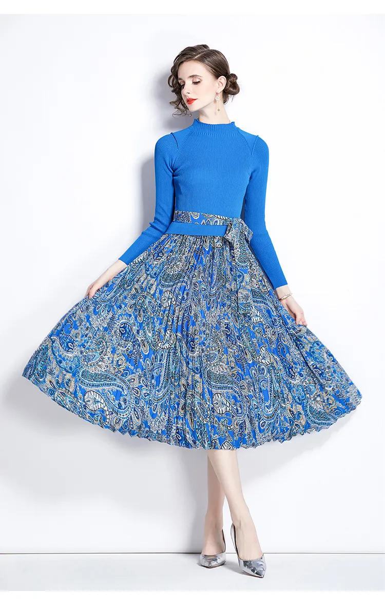 Podstawowe sukienki swobodne damskie mozaiki do druku Midi sukienka jesienna zima długi rękaw z szwy z szwy plisowaną jednoczęściową sukienkę z szalikiem 2024