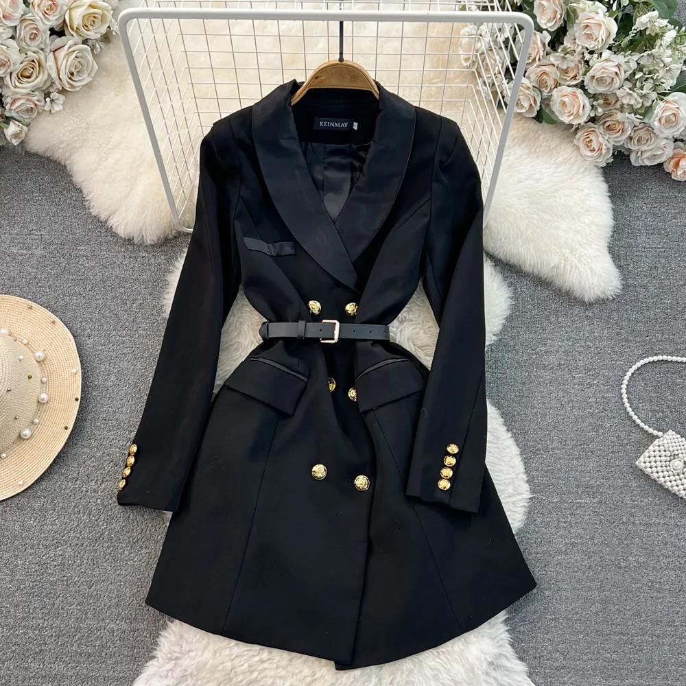Basic Casual Dresses Elegant Party Dress For Women Blazer Mini Dress Runway Notched Double Breasted Belt Long Sleeve Autumn Tunic Office Dress 2024