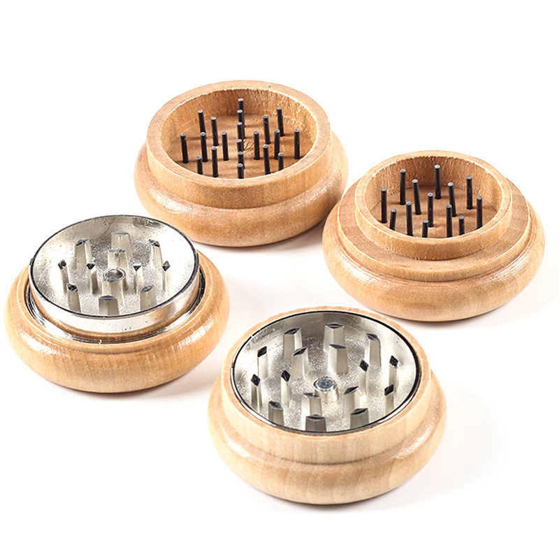 Dia 55mm Zinklegering Tabak Grinder Ronde Houten Kruid Crusher voor Keuken Benodigdheden 2-Lagen Ruit Cutter Roken accessoires