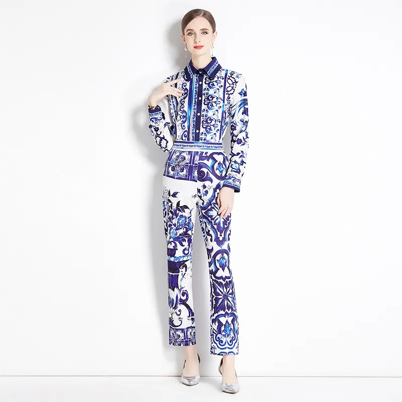 Two Piece Dress Runway Blue And White Porcelain Set Women's Lapel Long Sleeve Print Blouse Shirts And High Waist Cropped Pants Trousers Suit 2024