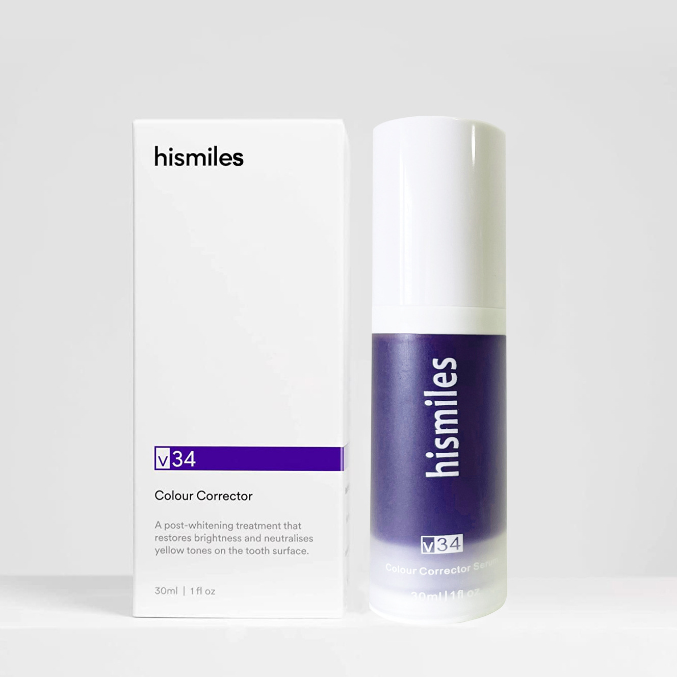 Hismile v34 치약을위한 보라색 색상 교정 치약 흰색 밝게 치아 관리 치약 감소 30ml 감소