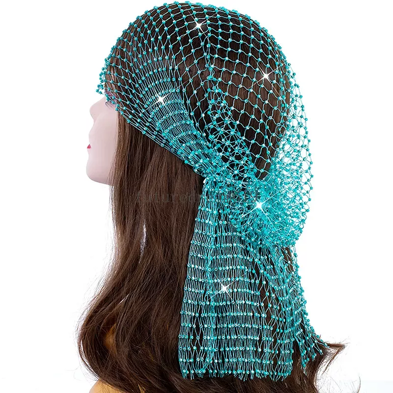 Glitter Crystal Head Scarf Head Wrap Luxury Rhinestone Women Nightclub Fishnet Hat Mesh Hollow Out Turban Hat Hair Accessory