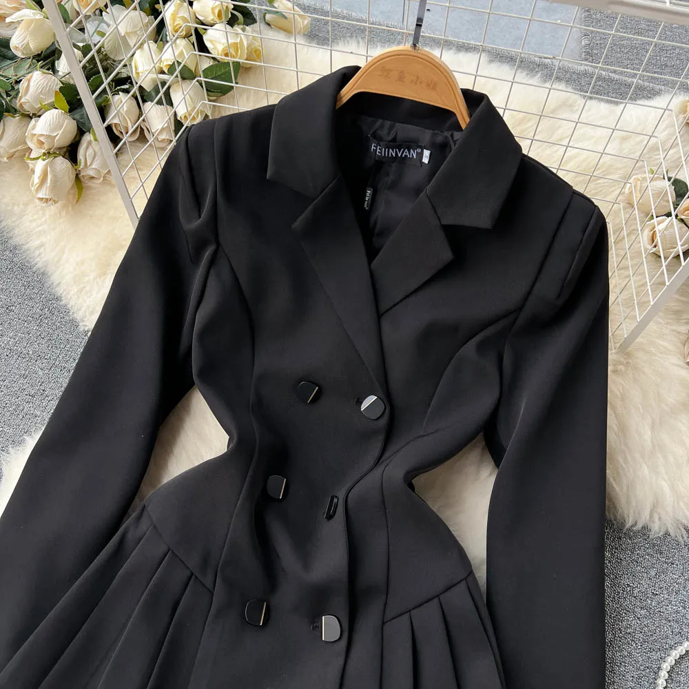 Basic Casual Dresses Fashion Designer Double Breasted Blazer Dress French Women Notched Long Sleeve Chic Slim Black Mini Short Casual Vestidos 2024