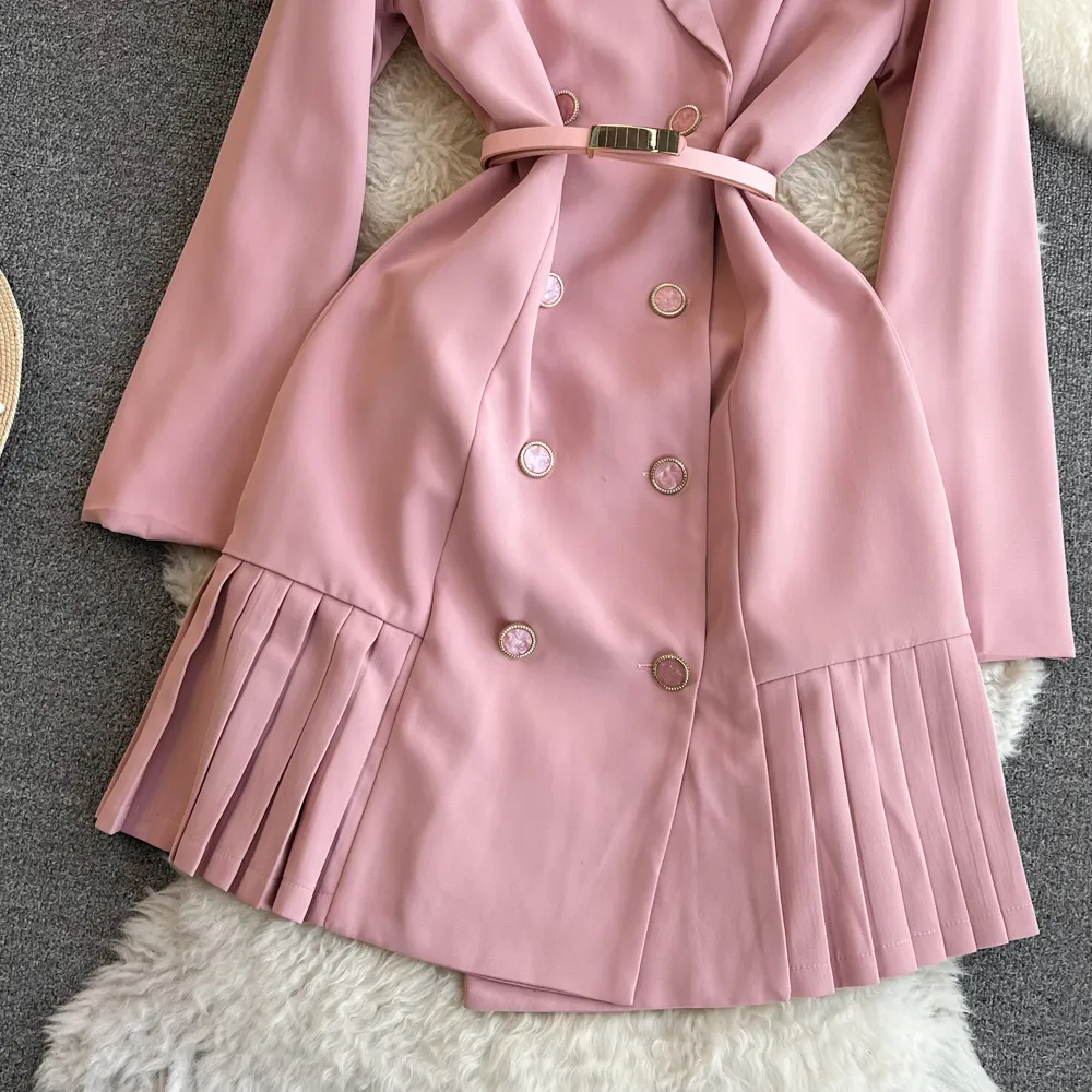 Casual Dresses Fashion Designer Double Breasted Blazer Dress Women Notched Long Sleeve Chic Slim Pink Mini Short Casual Vestidos Robes 2024