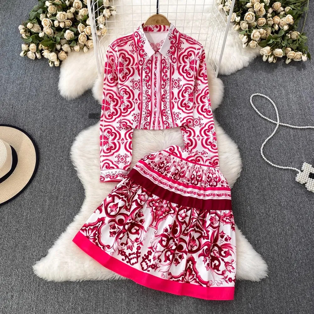 Two Piece Dress Spring Autumn Runway Blue And White Porcelain Print Sets Women Fashion Luxury Print Shirt Top Pleated Mini Skirt Suit 2024