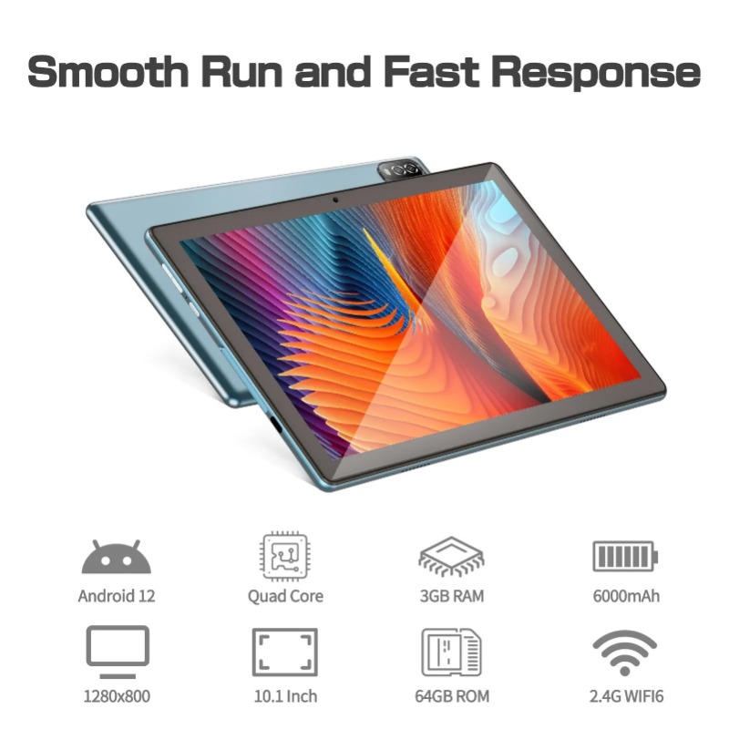 Pritom Android 12 Tablet 10.1 بوصة 3GB RAM 64GB ROM Quad Core Processor WiFi 6 GPS HD IPS Screen