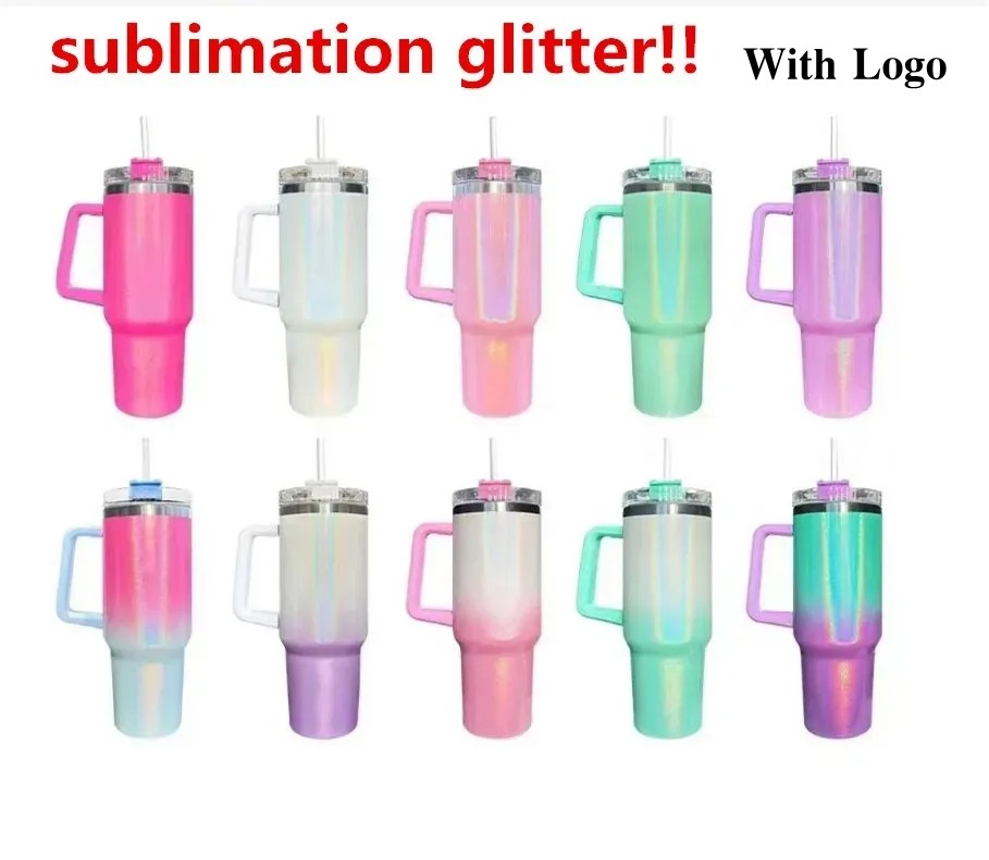 New 40oz glitter tumblers Cups with Logo Handle and Straws Reusable Insulated Car Mugs Stainless Steel Sublimation Tumbler big capacity Water Bottles 1005