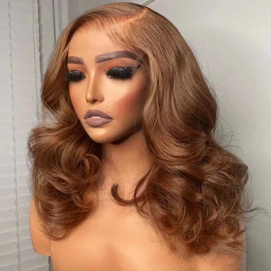 New Chestnut Brown Colored Glueless transparent Lace Front Wigs Loose Wave Wavy 13x4 HD Full Frontal Human Hair Wigs 150% Girl lady hairstyle