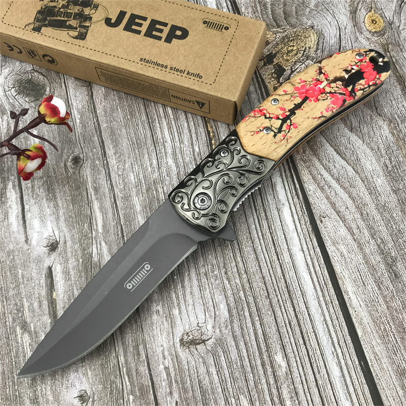 JEEP DA157 Plum Pattern Wooden Handle Folding Knife 5Cr13Mov Blade Pocket Clip Outdoor Hunting Survival Utility Tools EDC