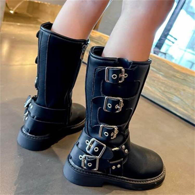 Kids Fashion Boots Autumn Winter Girls Side Zipper Knight Boot Childrens Flat Heels Boots Soft Sole Baby Booties Princess Leather Shoes