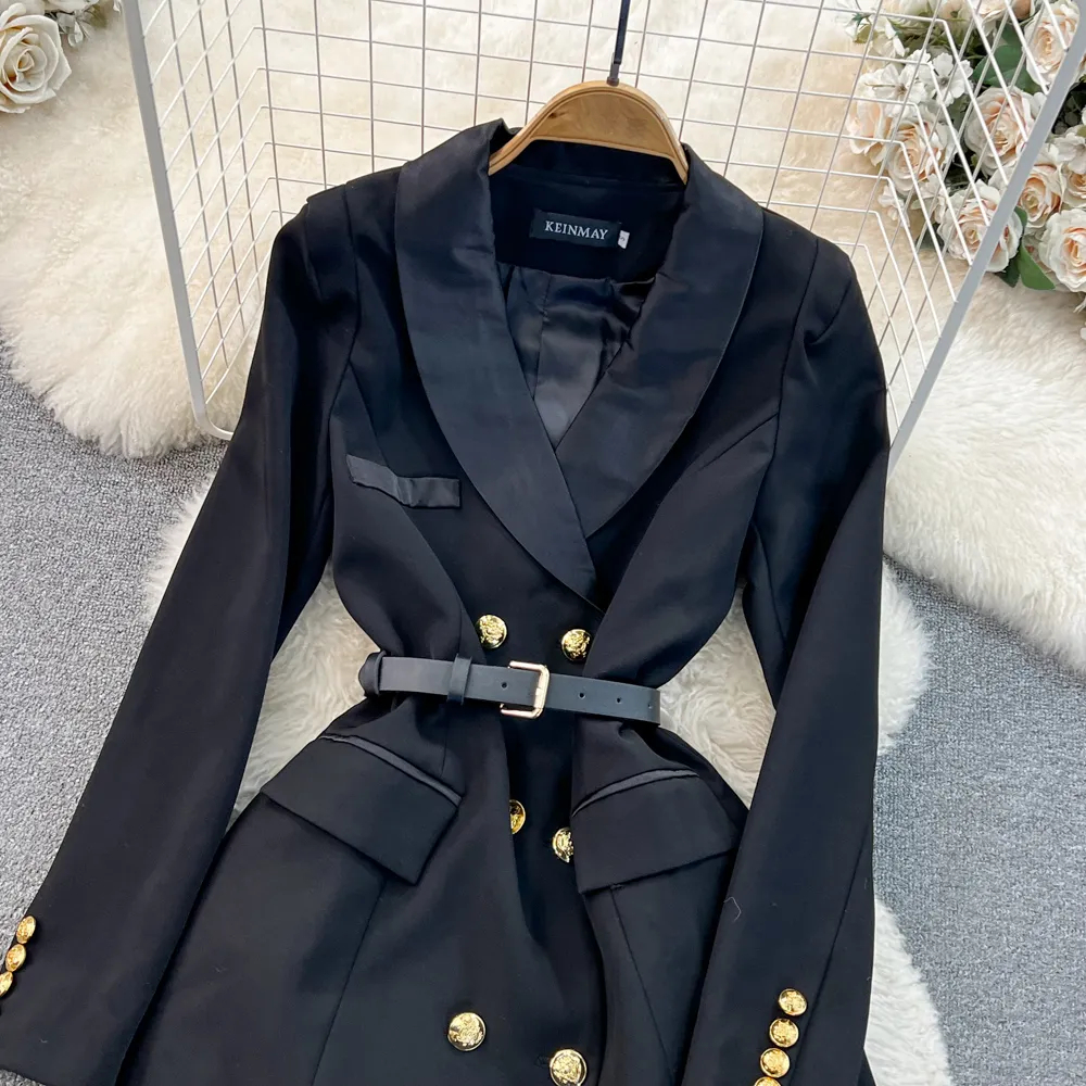 Basic Casual Dresses Elegant Party Dress For Women Blazer Mini Dress Runway Notched Double Breasted Belt Long Sleeve Autumn Tunic Office Dress 2024