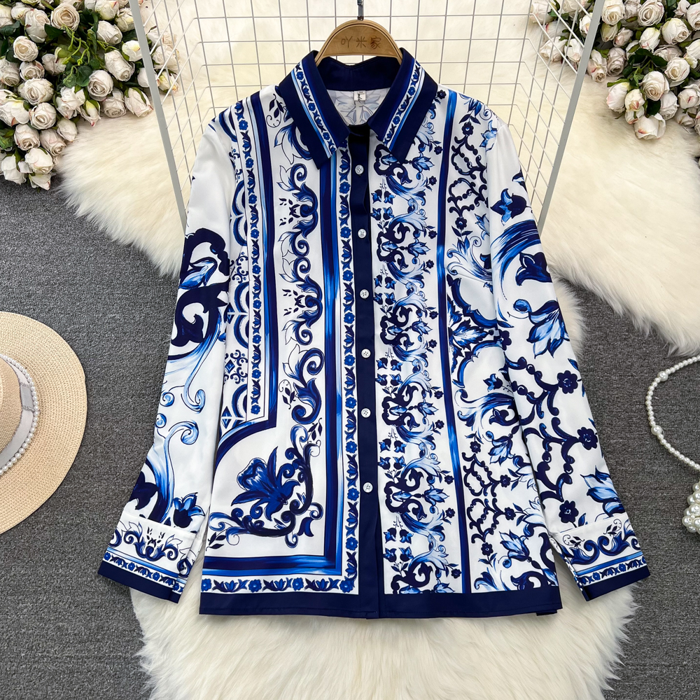 Tweedelige jurk Runway blauw en wit porselein Set Dames Revers Lange mouwen Print Blouse Overhemden en hoge taille Cropped broeken Broekpak 2024