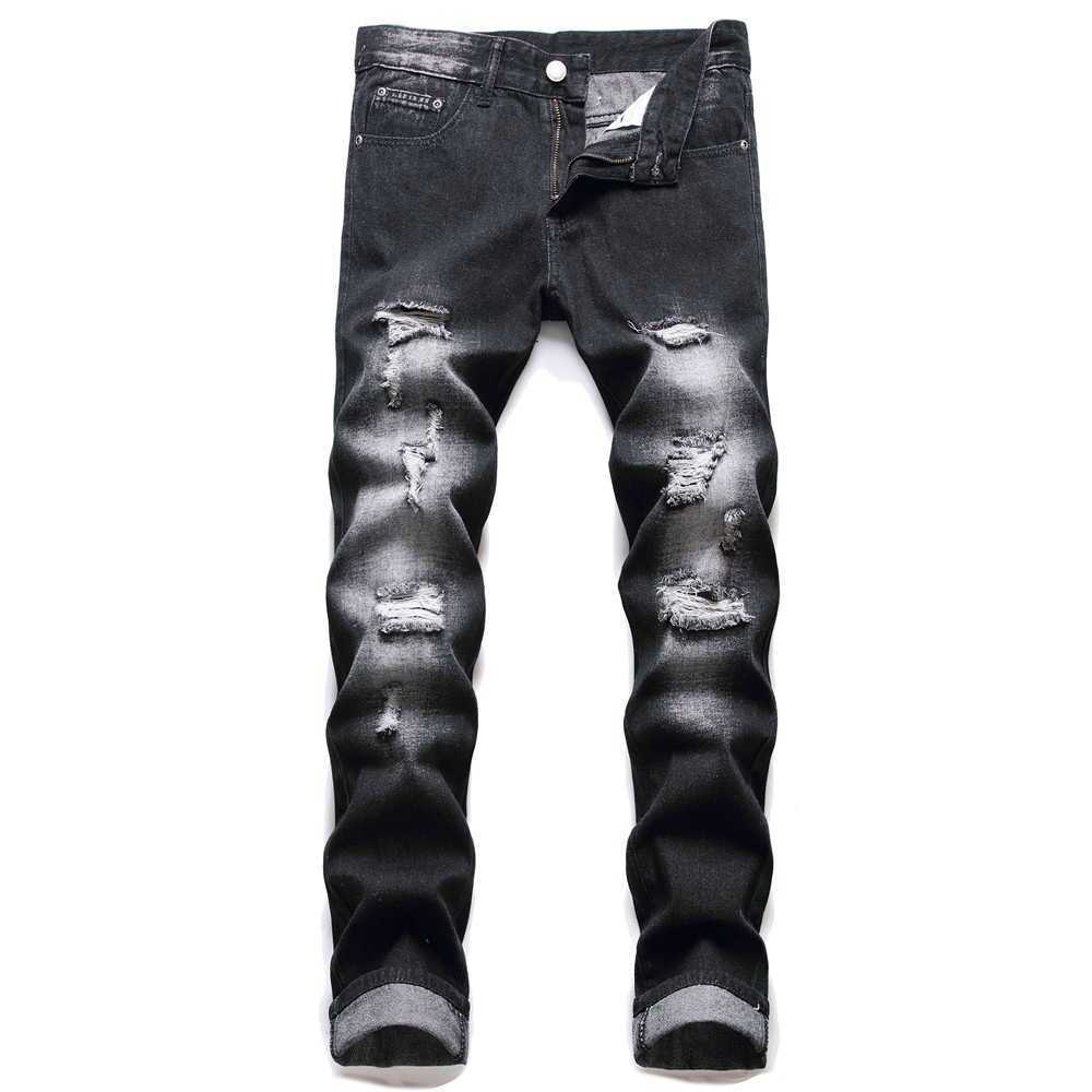 Jeans da uomo Nuovi pantaloni da uomo in denim tendenza foro Pantaloni dritti in denim nero slim fit tendenza da uomoL23105