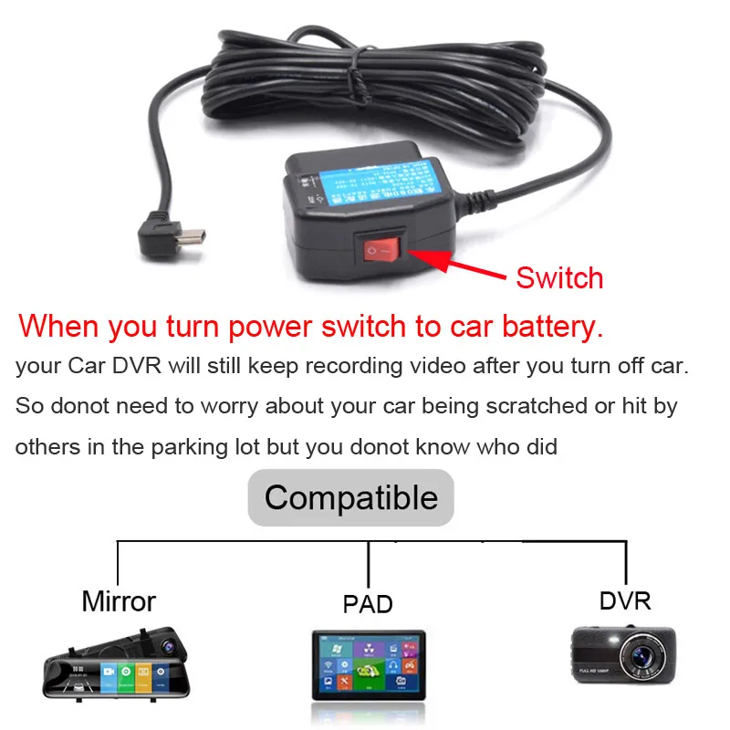 Carro obd cabo de alimentação hardwire kit 24 horas estacionamento com mini mico usb tipo c porta 5v 3a cabos carregamento para xiaomi 70mai yi 360 traço cam dvr gps