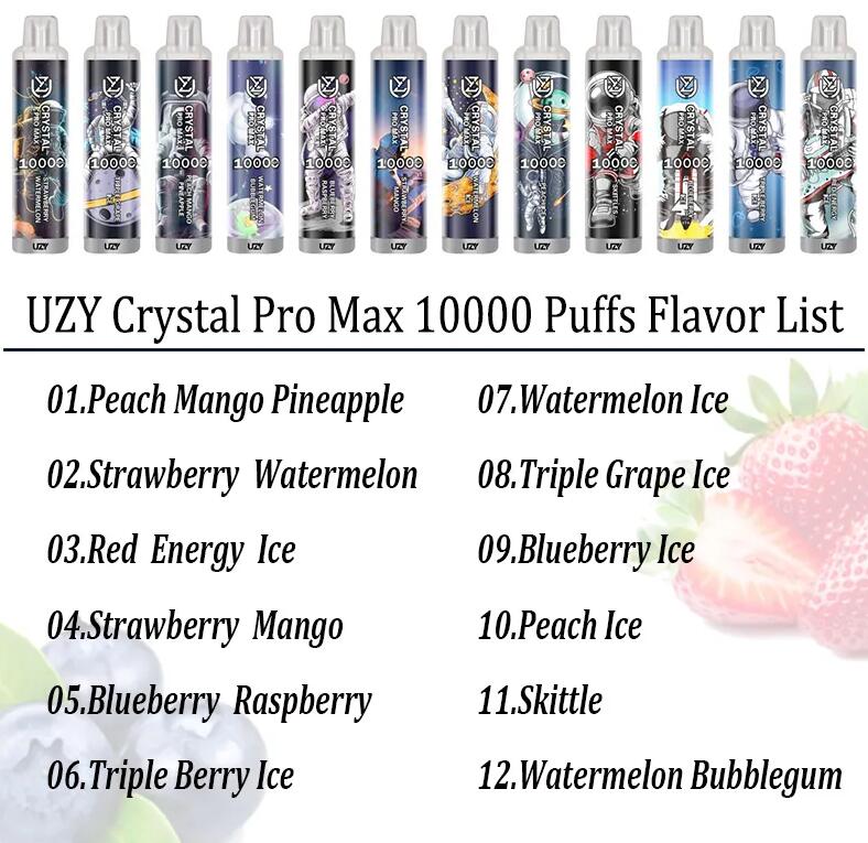 Original UZY Crystal Pro Max 10 000 bouffées de cigarettes électroniques jetables, bobine de maille de 1,2 ohm, batterie de 16 ml, batterie rechargeable, cigarettes électroniques, bouffée 10K 0% 2% 3% 5% RBG Light